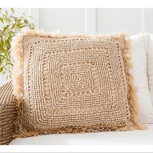 Pottery Barn Other - New Pottery Barn Faux Natural Fiber Crochet Fringe Indoor/Outdoor Pillow, 20" sq